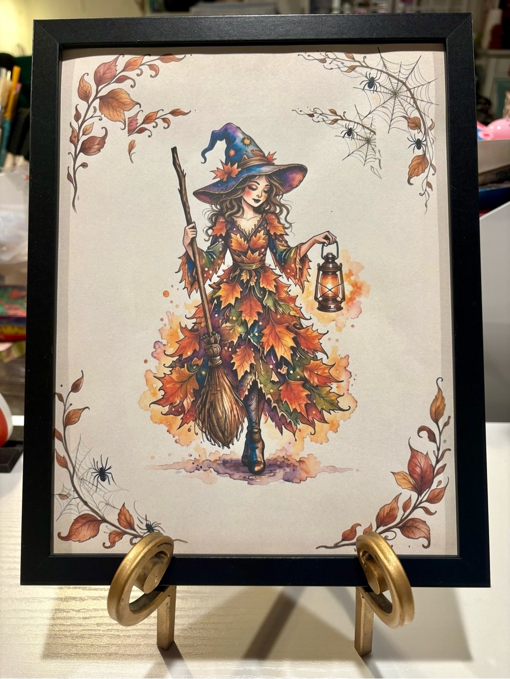 Framed Autumn Witch Fall 8x10 Art Print - Orange & Brown Seasonal Wall Decor